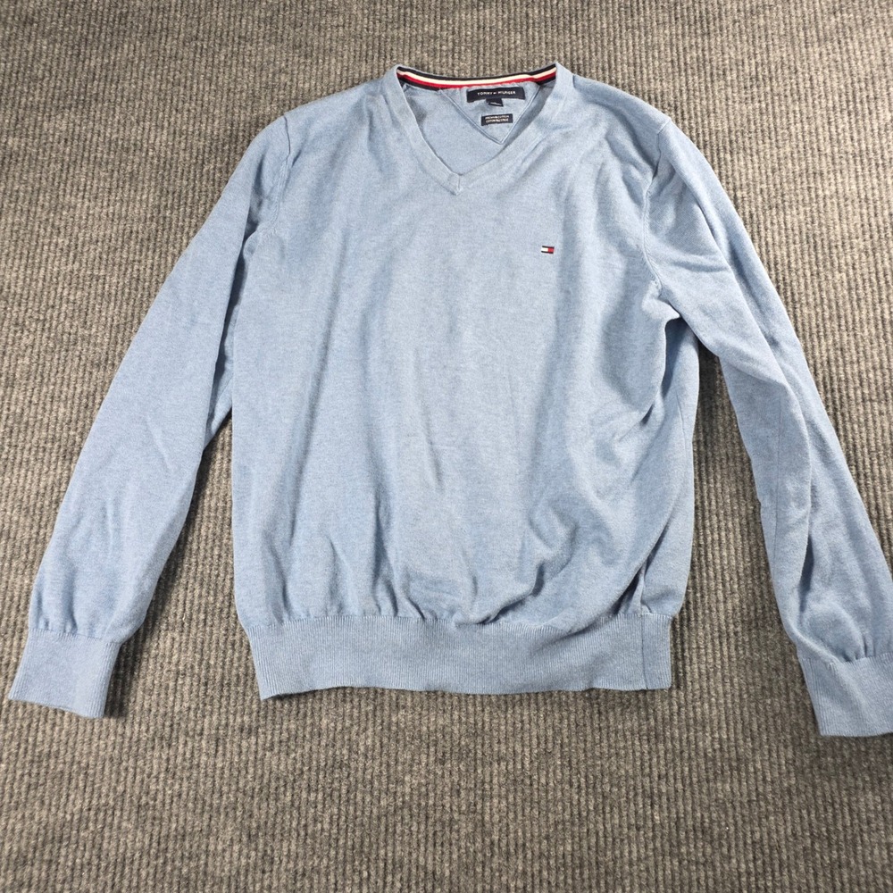 Tommy Hilfiger Mens V-Neck Sweater Light‎ Blue Premium Cotton Size M Flag Logo - Picture 3 of 8